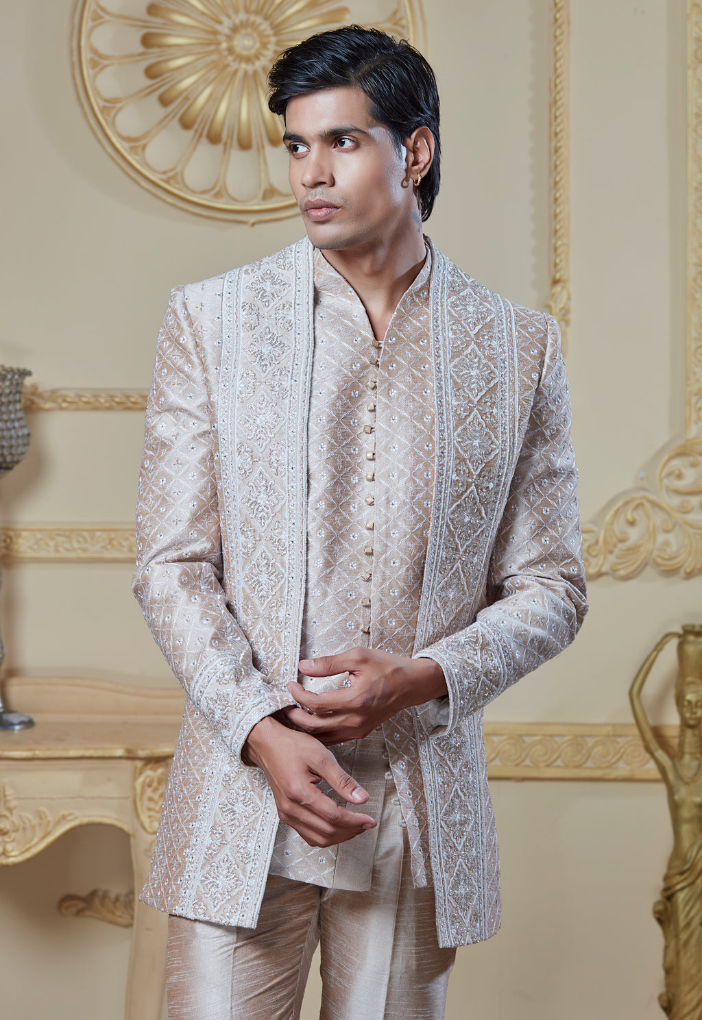 Embroidered Cream Open Jacket And Bandi Set