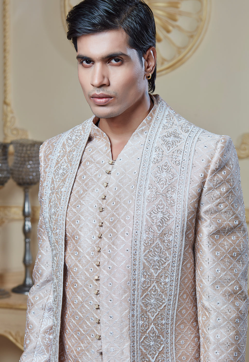Embroidered Cream Open Jacket And Bandi Set