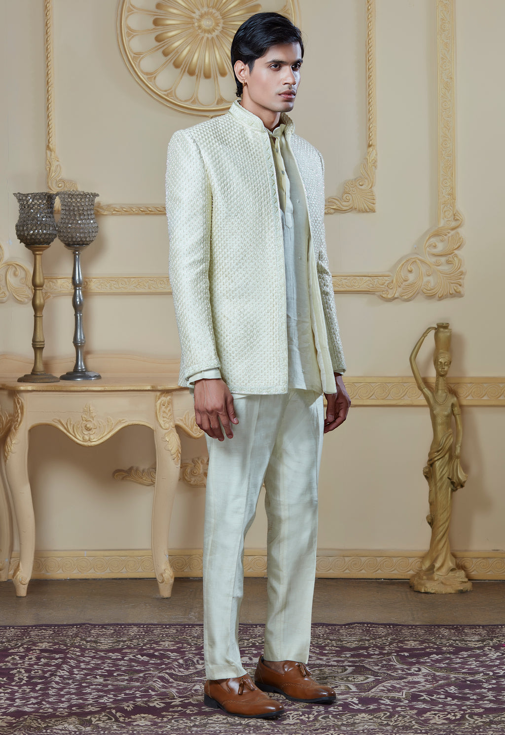 Light Green Silk Embroidered Open Jacket Indowestern Set