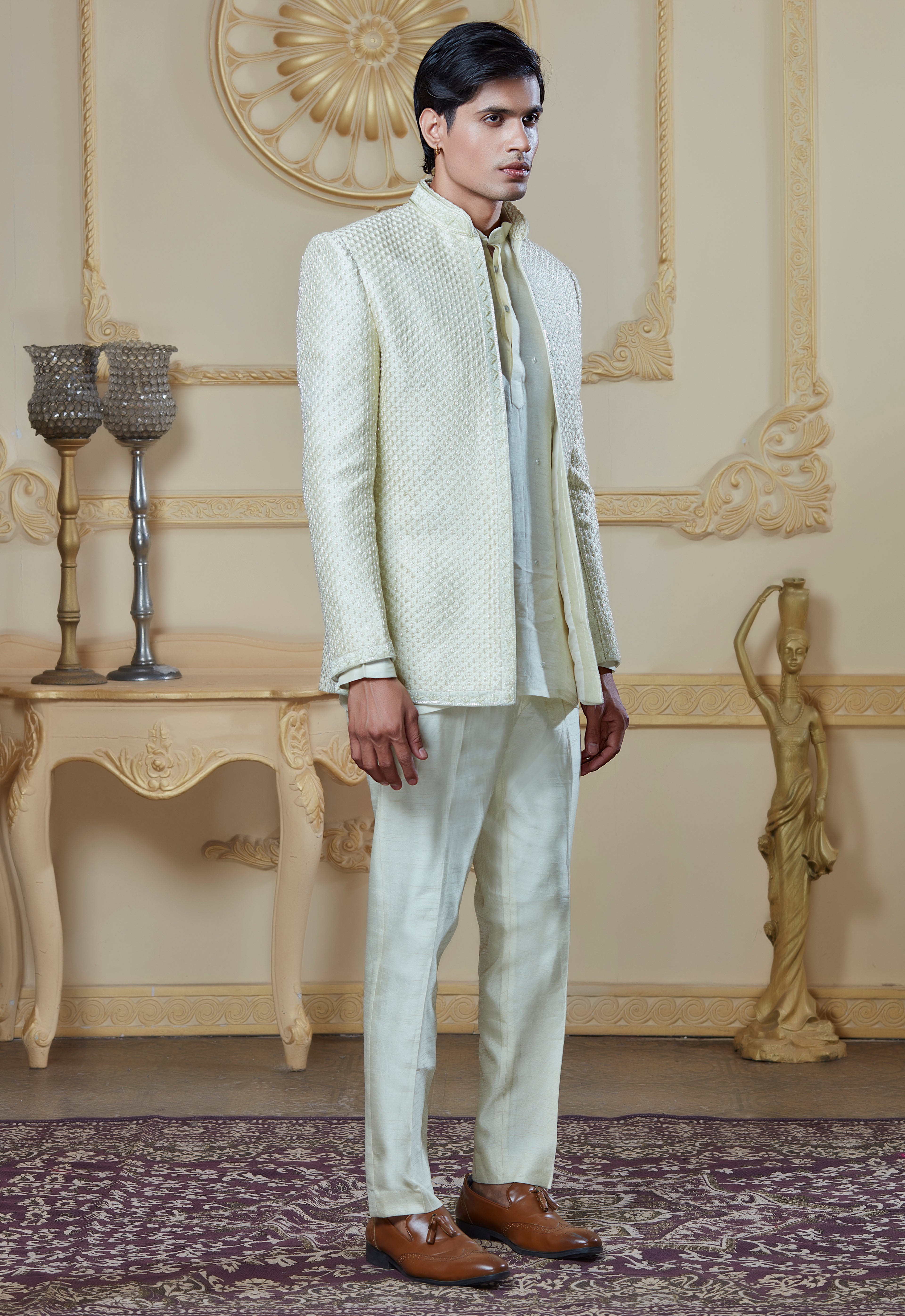 Light Green Silk Embroidered Open Jacket Indowestern Set