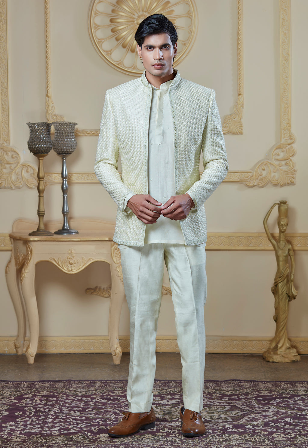 Light Green Silk Embroidered Open Jacket Indowestern Set