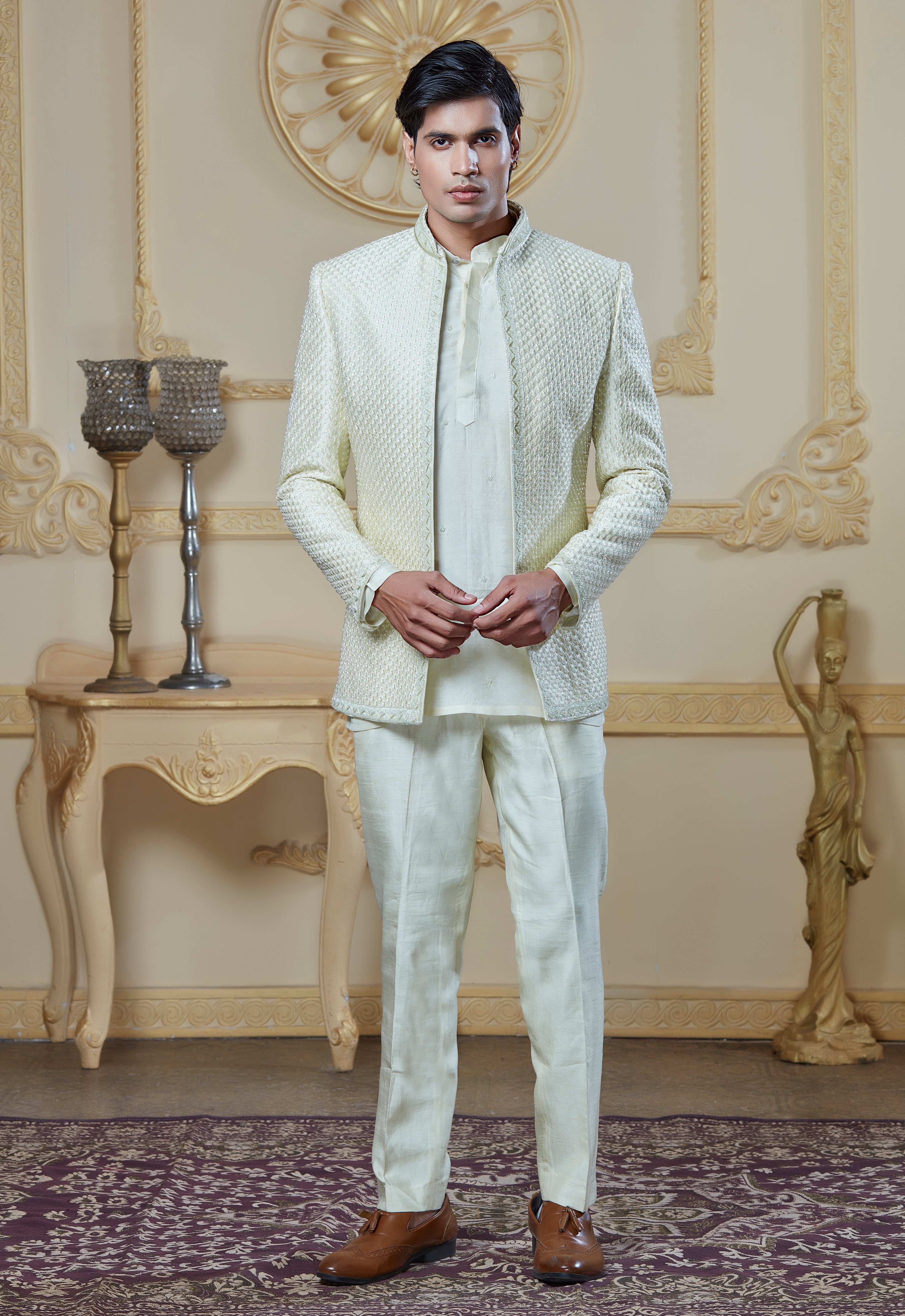 Light Green Silk Embroidered Open Jacket Indowestern Set