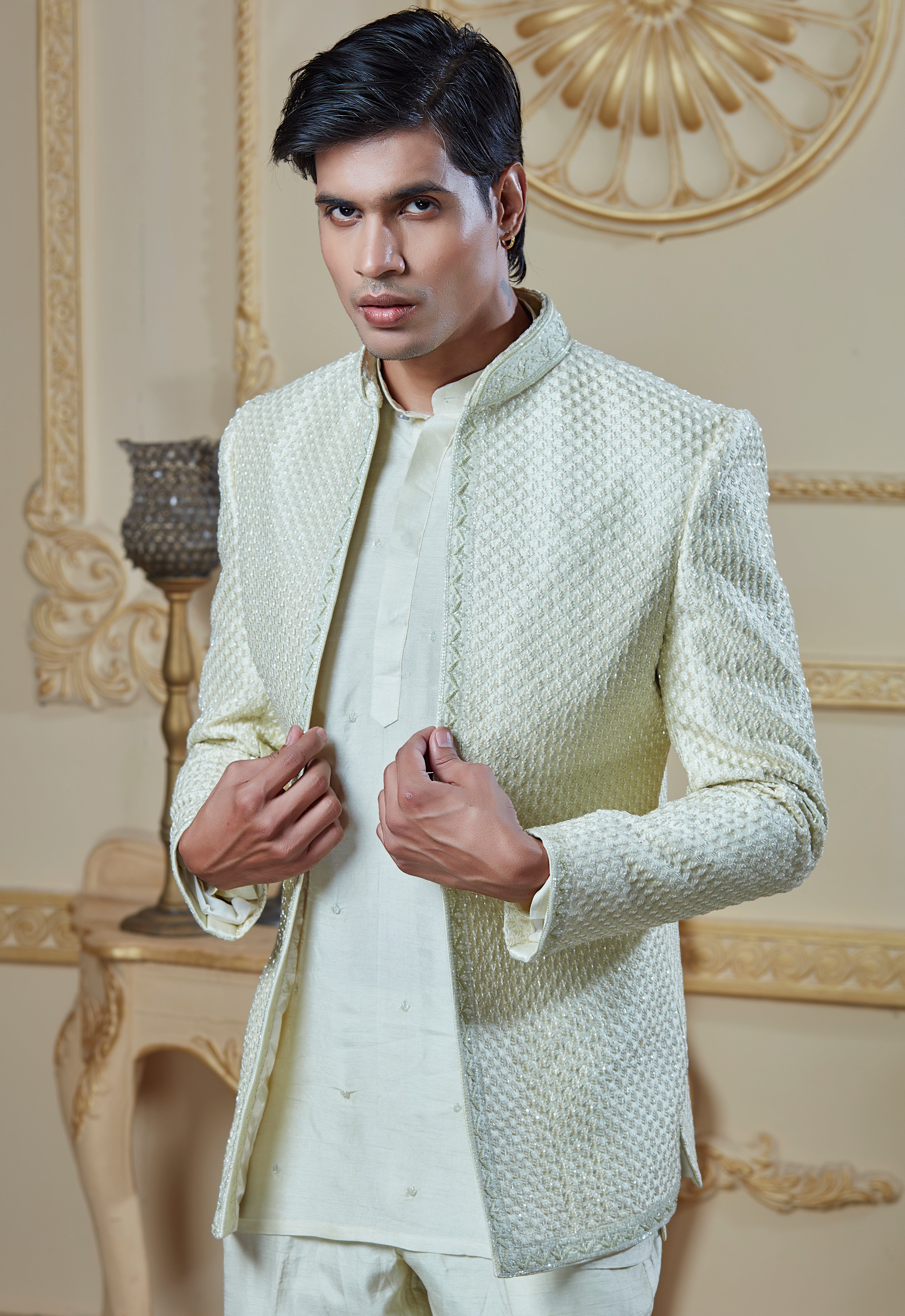 Light Green Silk Embroidered Open Jacket Indowestern Set