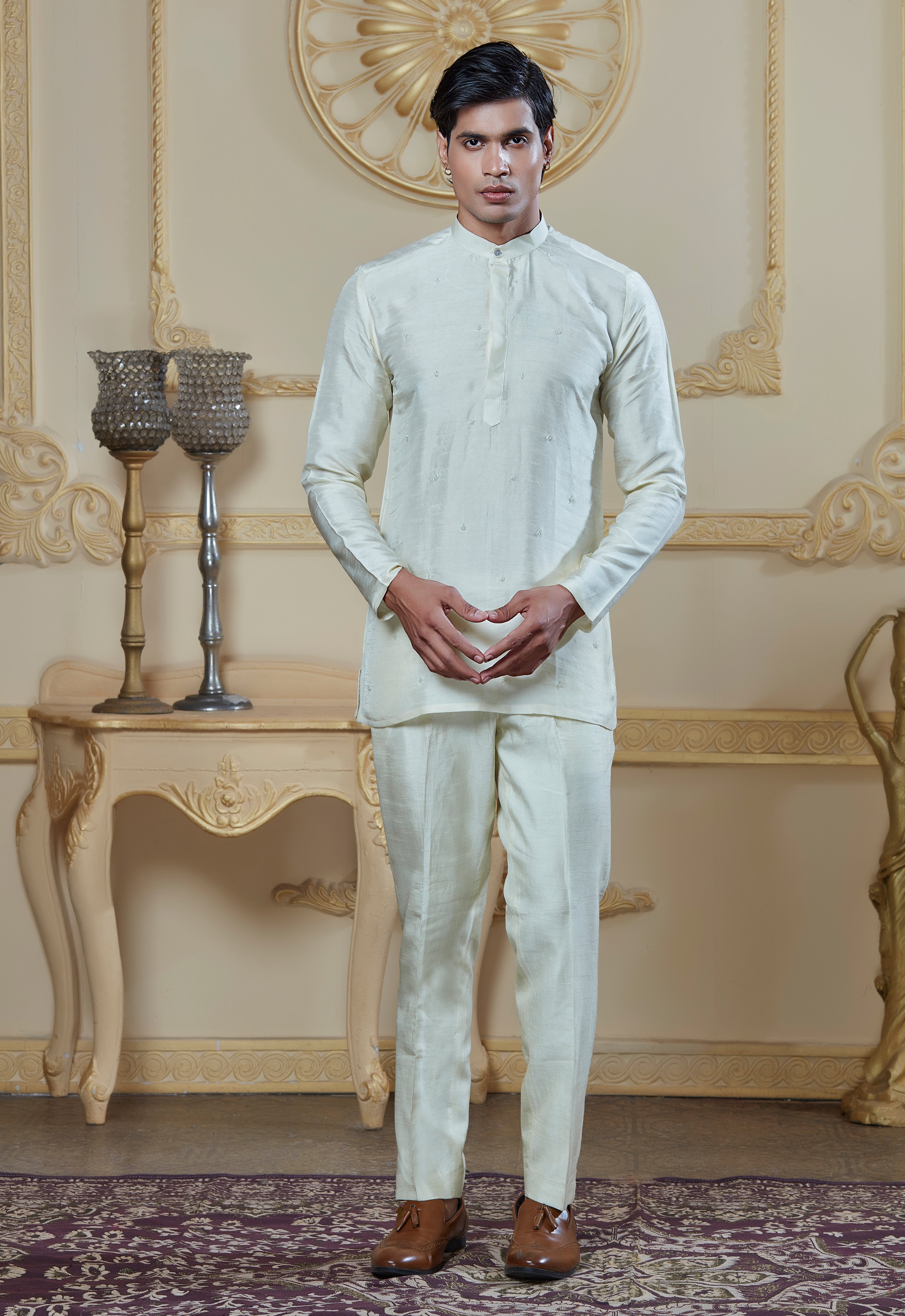 Light Green Silk Embroidered Open Jacket Indowestern Set