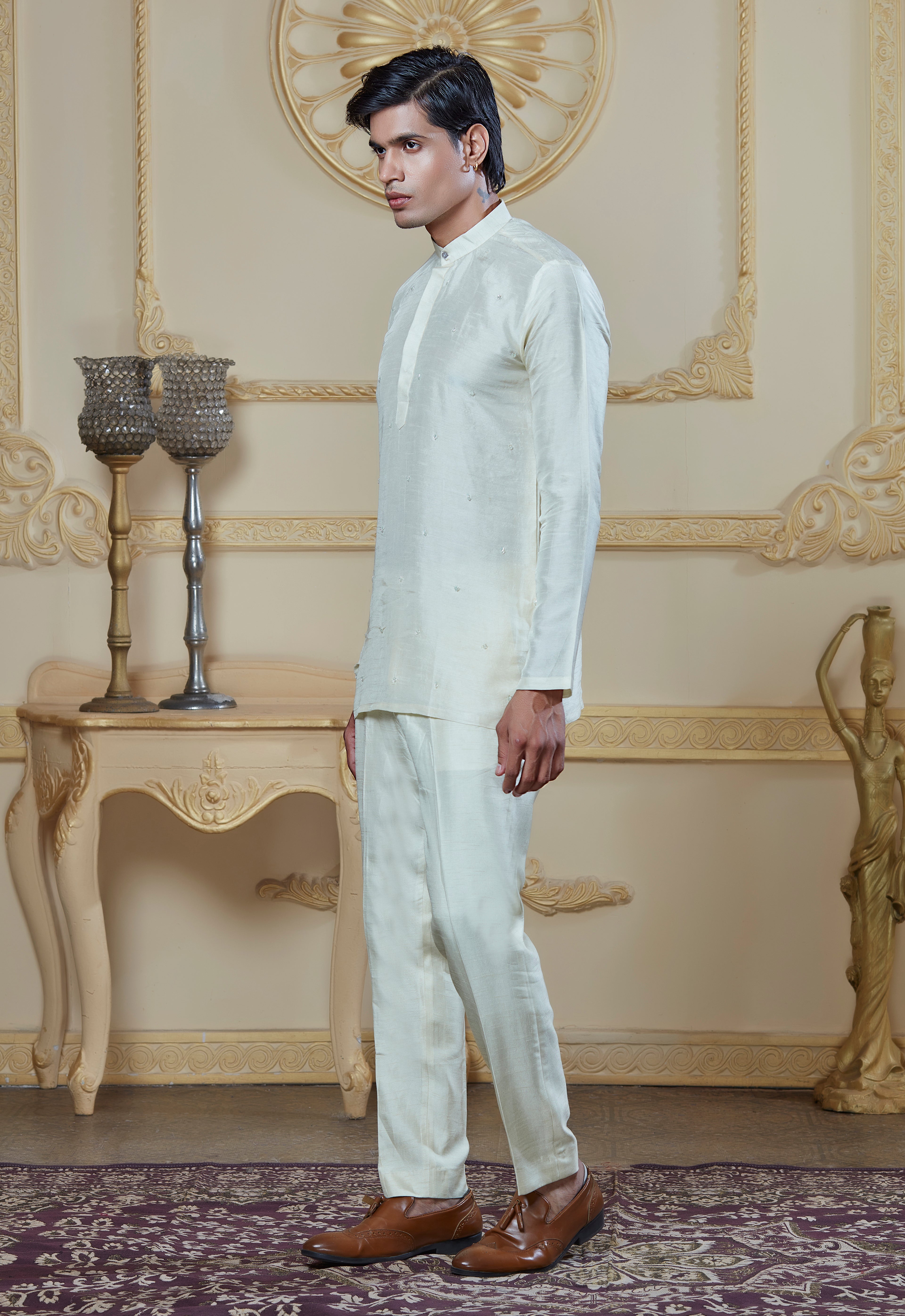 Light Green Silk Embroidered Open Jacket Indowestern Set