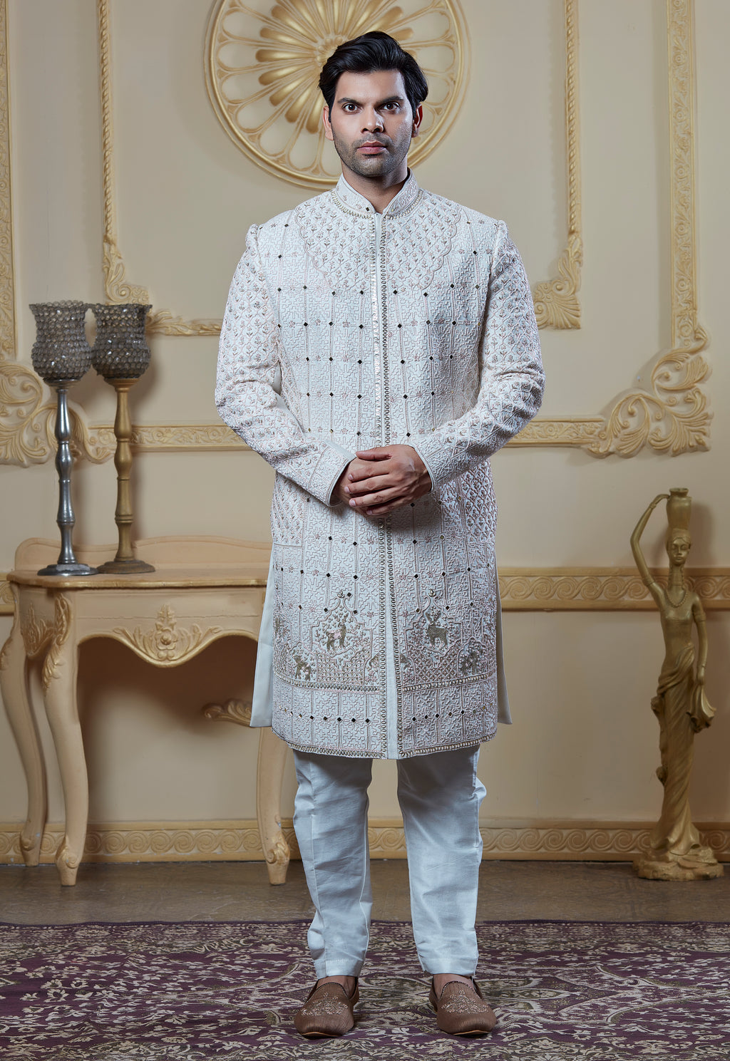 White Sherwani With Mirror And Hand Embroidery