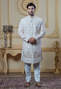 White Sherwani With Mirror And Hand Embroidery