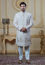 White Sherwani With Mirror And Hand Embroidery