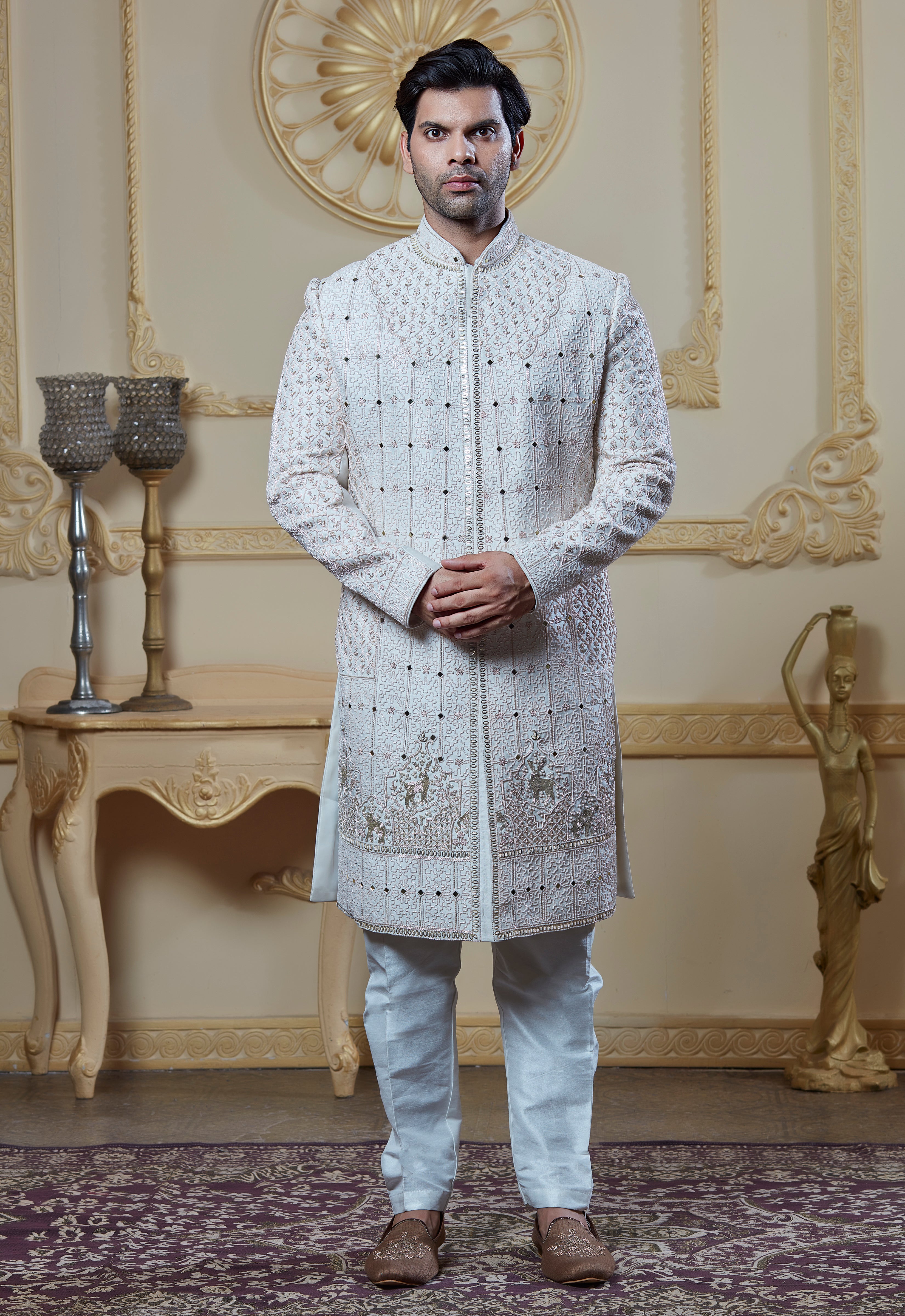 White Sherwani With Mirror And Hand Embroidery