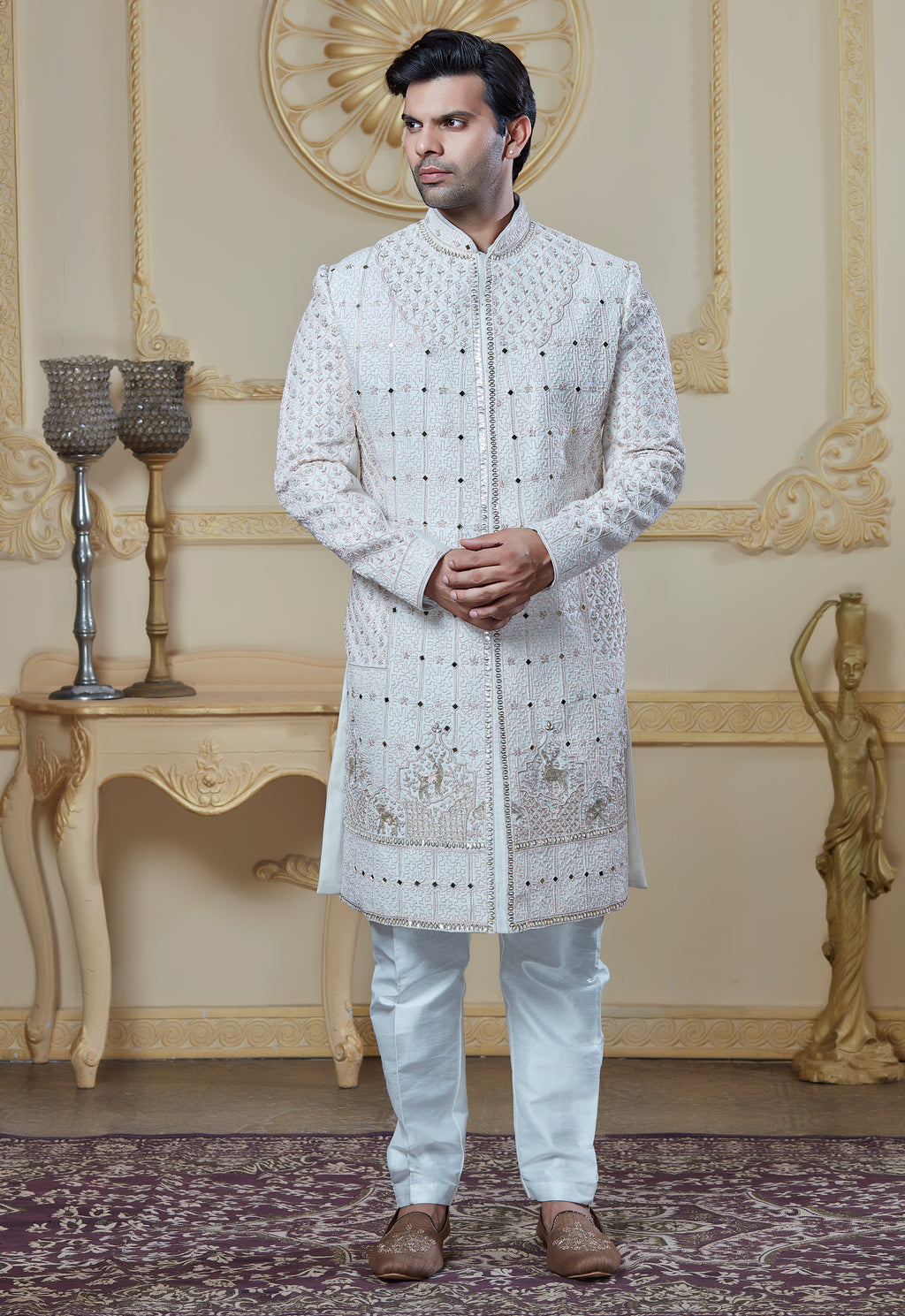 White Sherwani With Mirror And Hand Embroidery