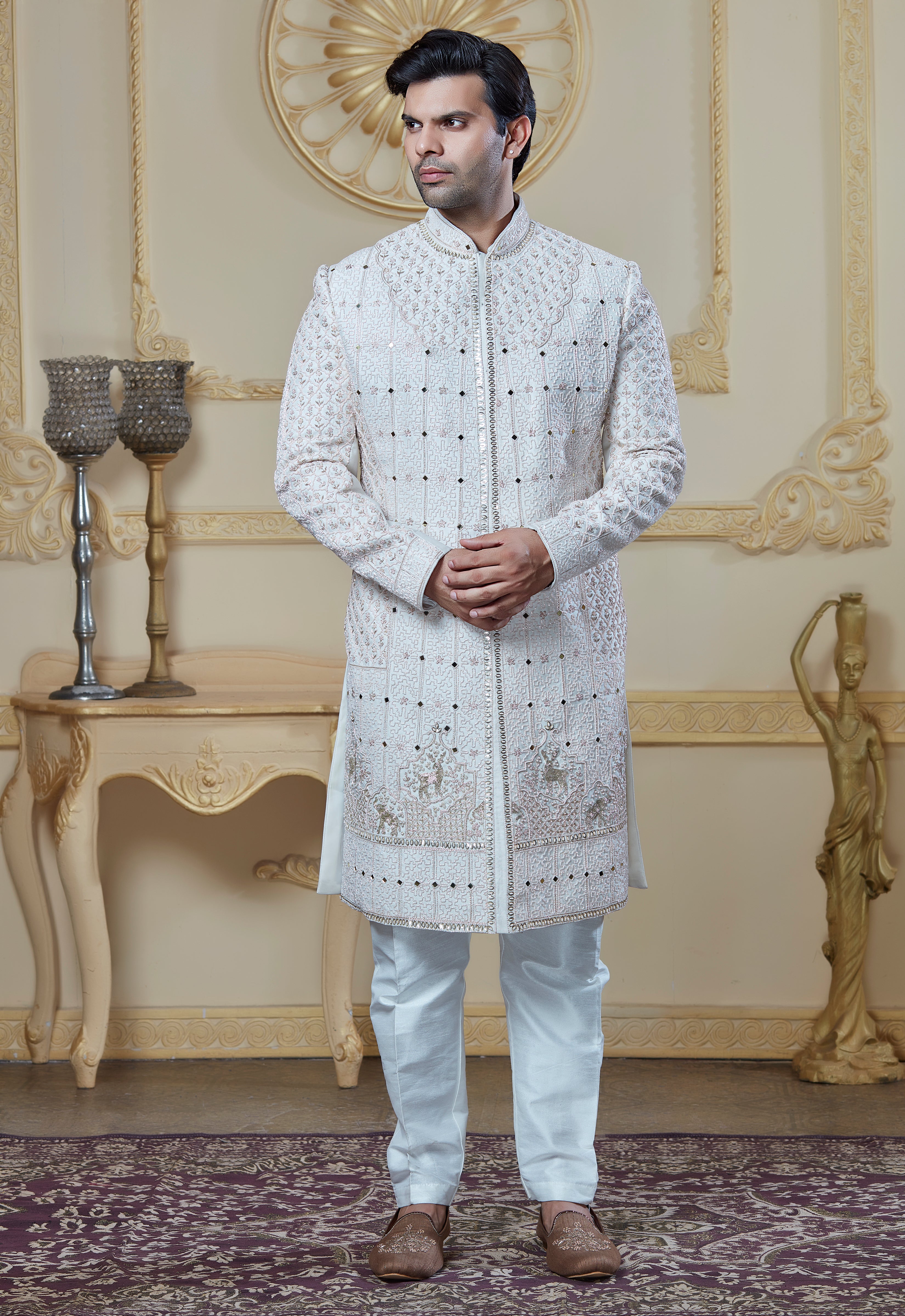 White Sherwani With Mirror And Hand Embroidery