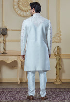 White Sherwani With Mirror And Hand Embroidery