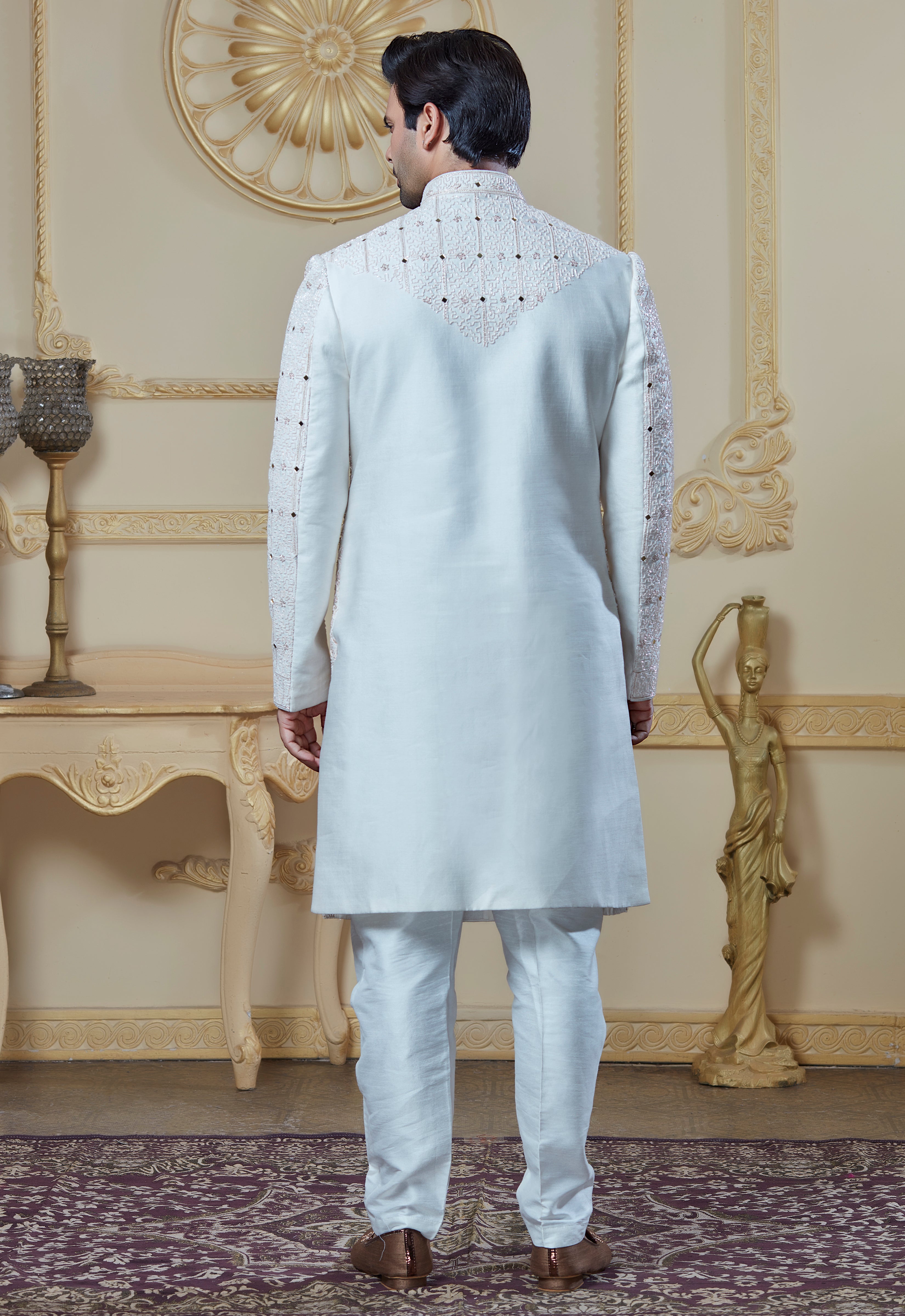 White Sherwani With Mirror And Hand Embroidery