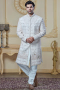 White Sherwani With Mirror And Hand Embroidery