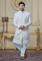 White Sherwani With Mirror And Hand Embroidery