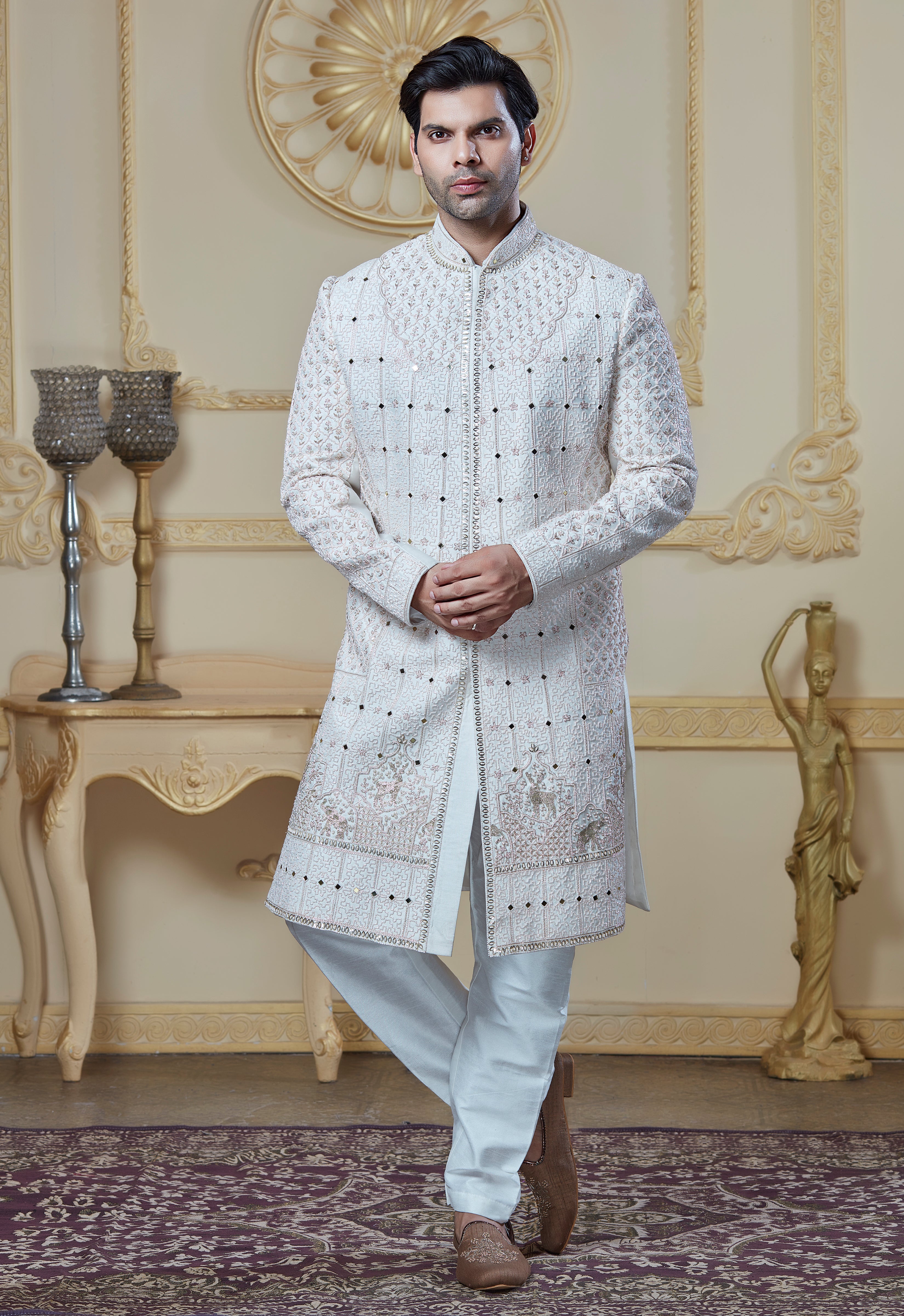White Sherwani With Mirror And Hand Embroidery