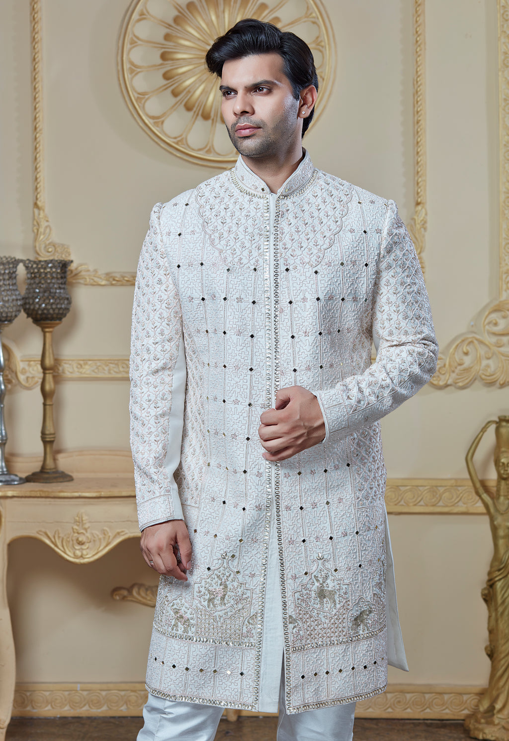 White Sherwani With Mirror And Hand Embroidery