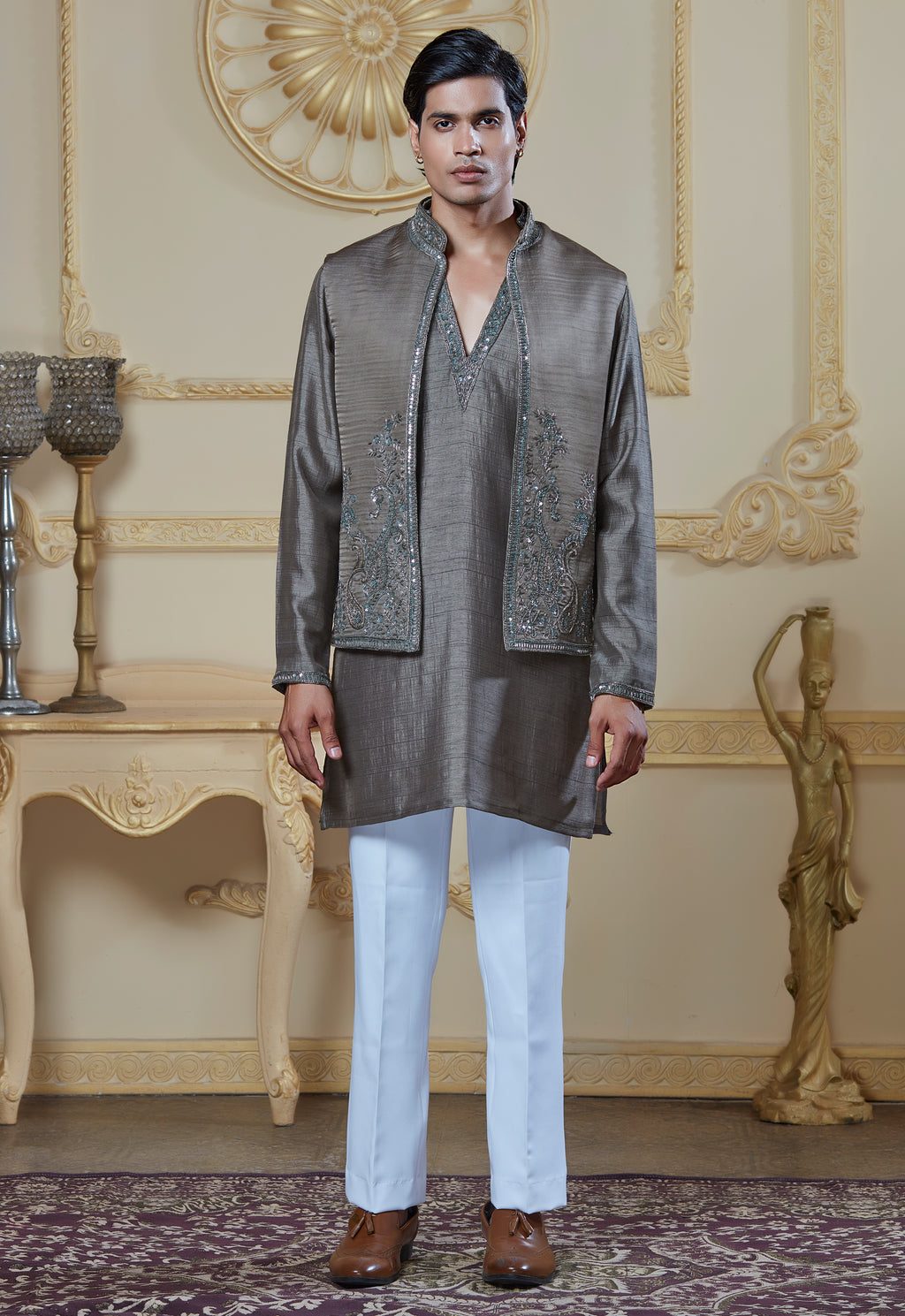 Olive Green Silk Embroidered Bandi Jacket Set