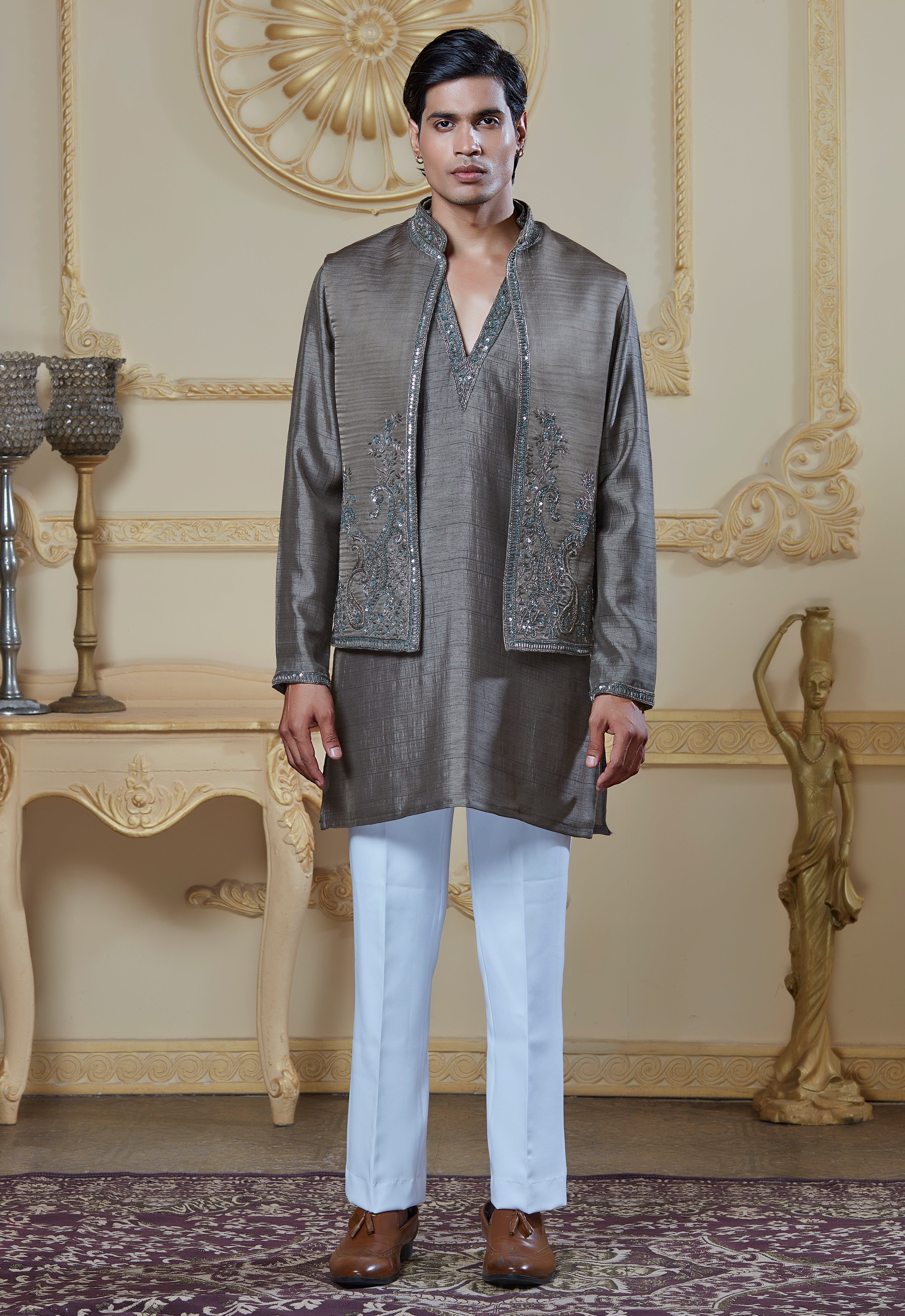 Olive Green Silk Embroidered Bandi Jacket Set