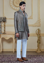 Olive Green Silk Embroidered Bandi Jacket Set