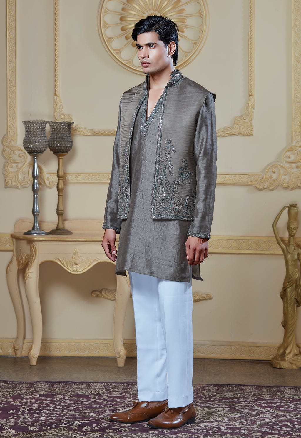 Olive Green Silk Embroidered Bandi Jacket Set