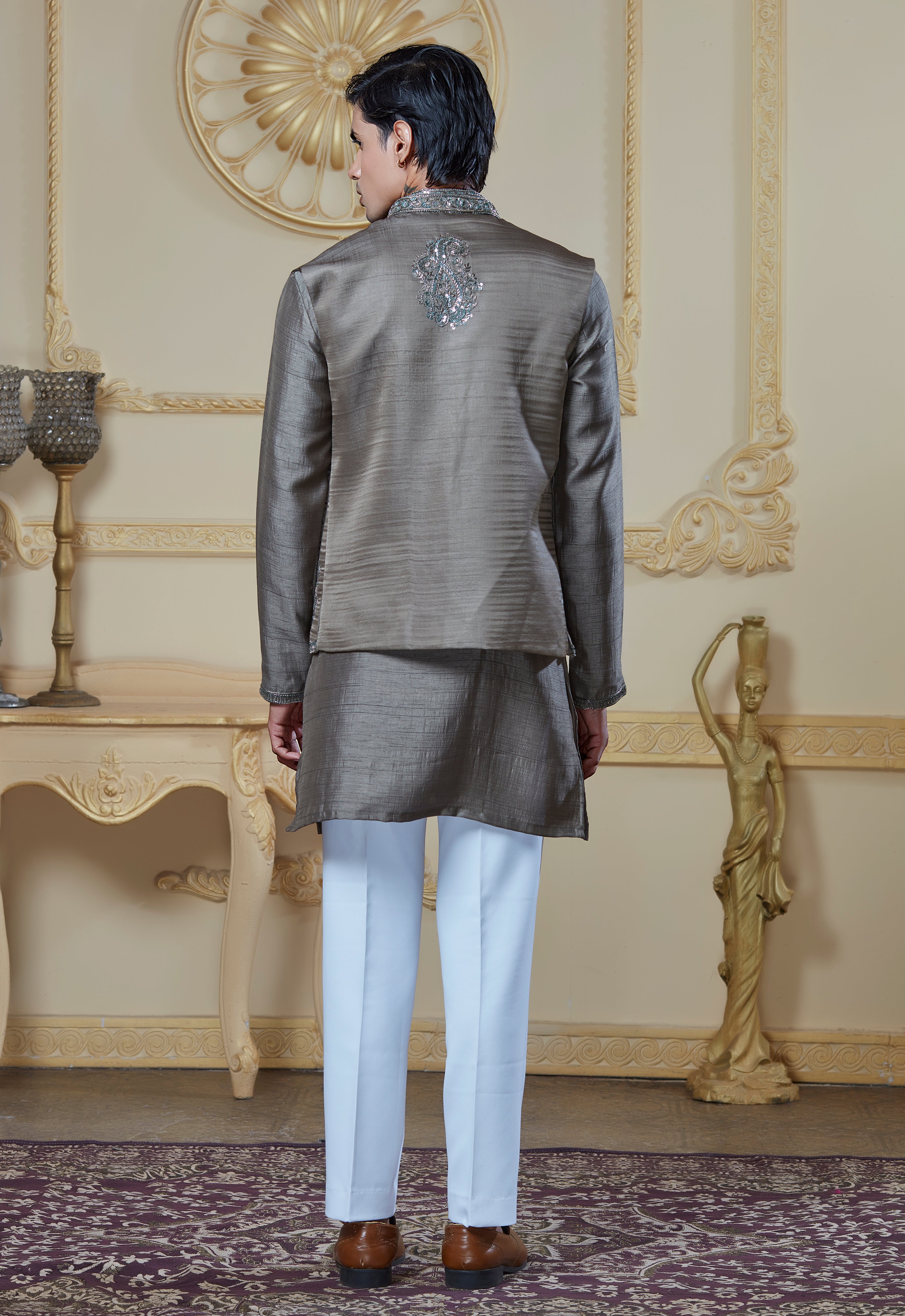 Olive Green Silk Embroidered Bandi Jacket Set