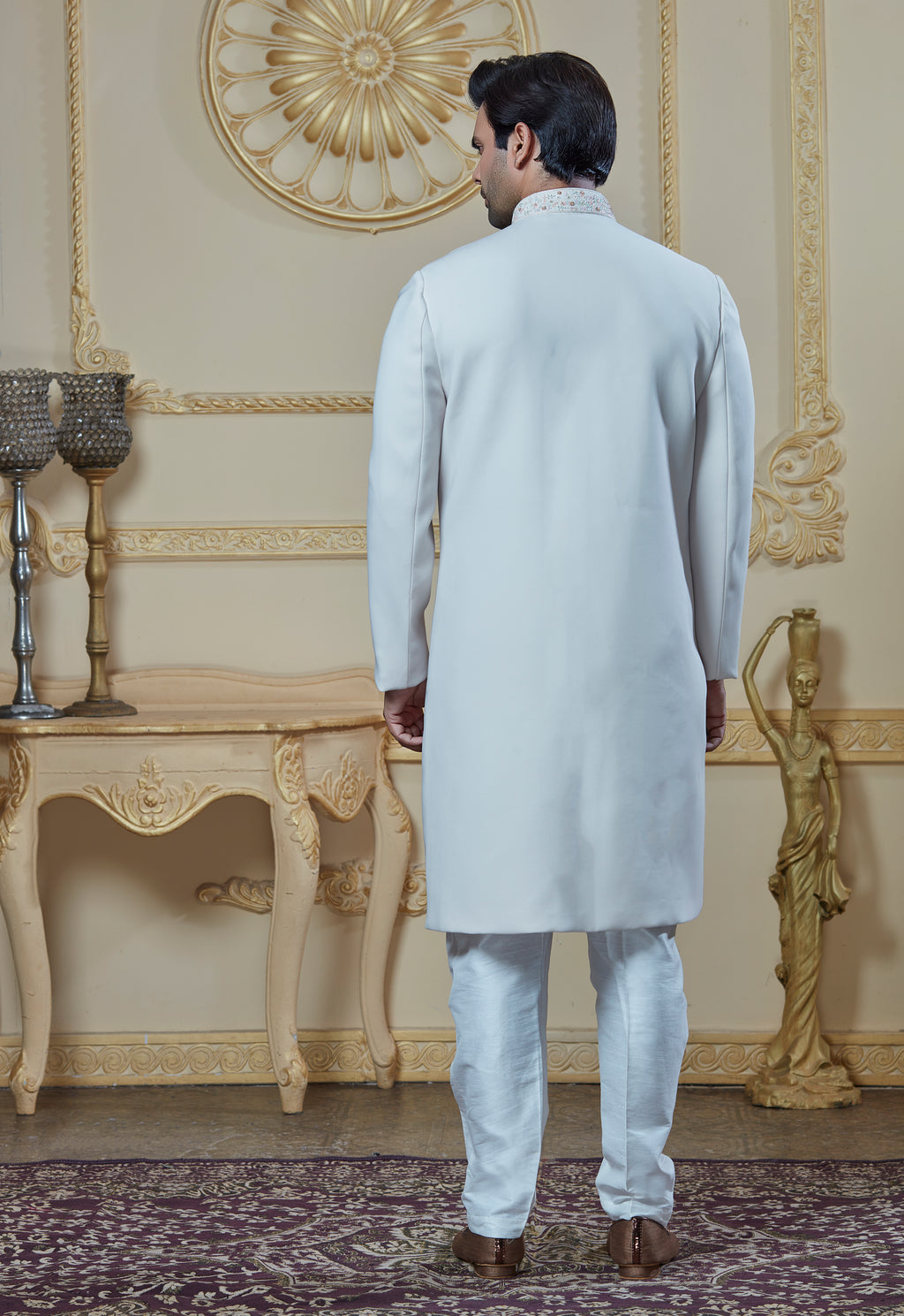 Off White Embroidered Brooch Sherwani Set