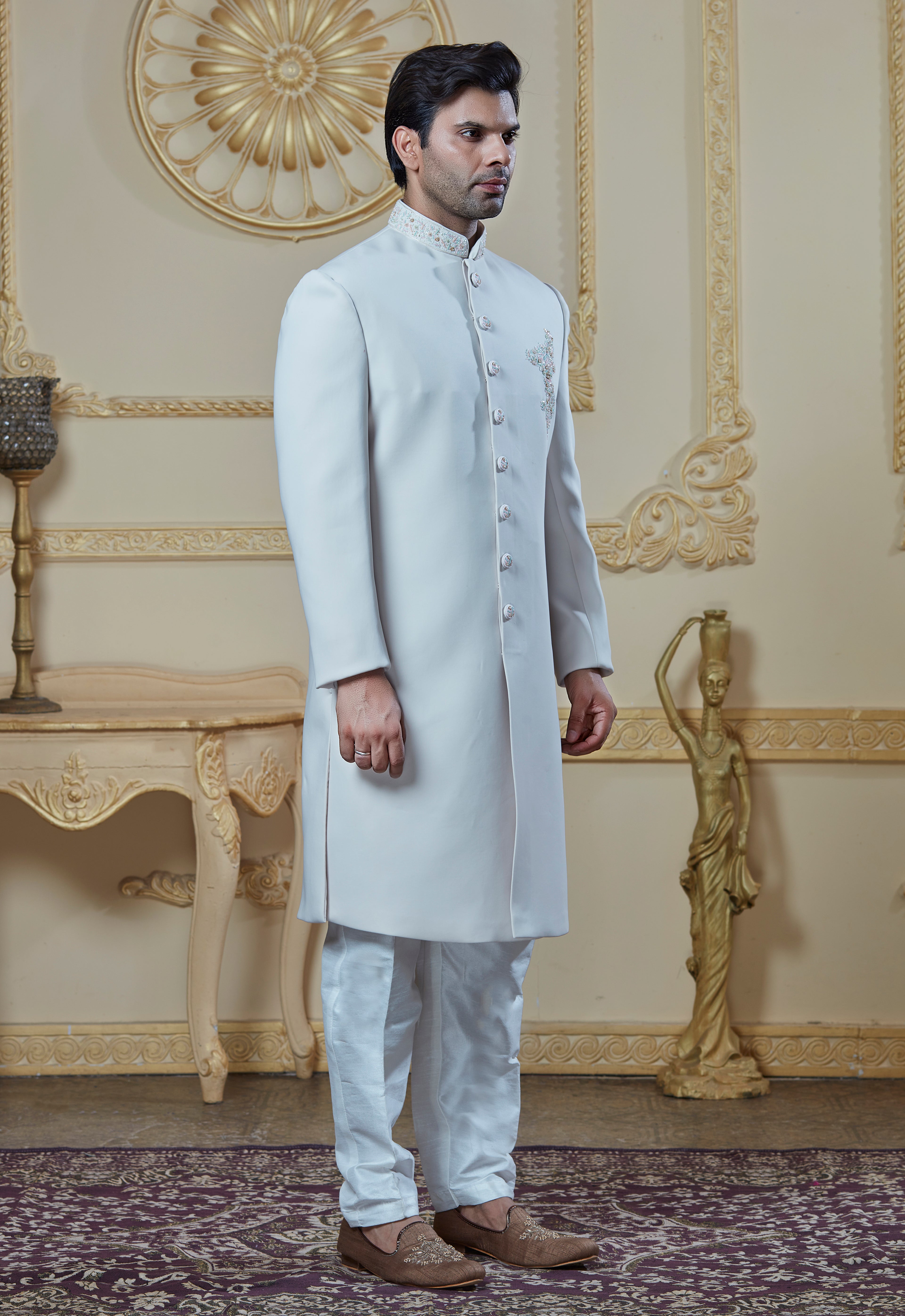 Off White Embroidered Brooch Sherwani Set