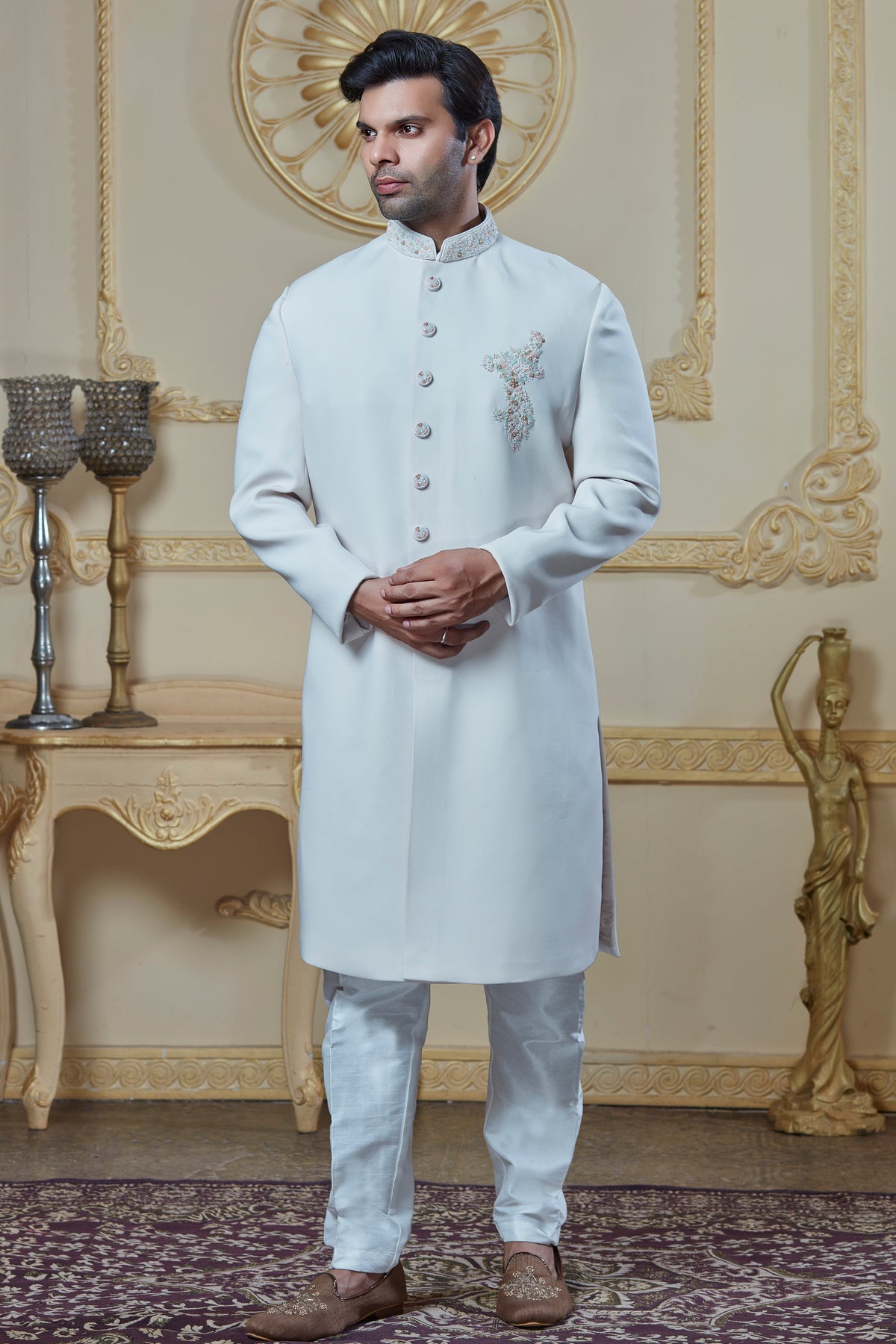 Off White Embroidered Brooch Sherwani Set