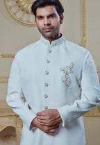Off White Embroidered Brooch Sherwani Set