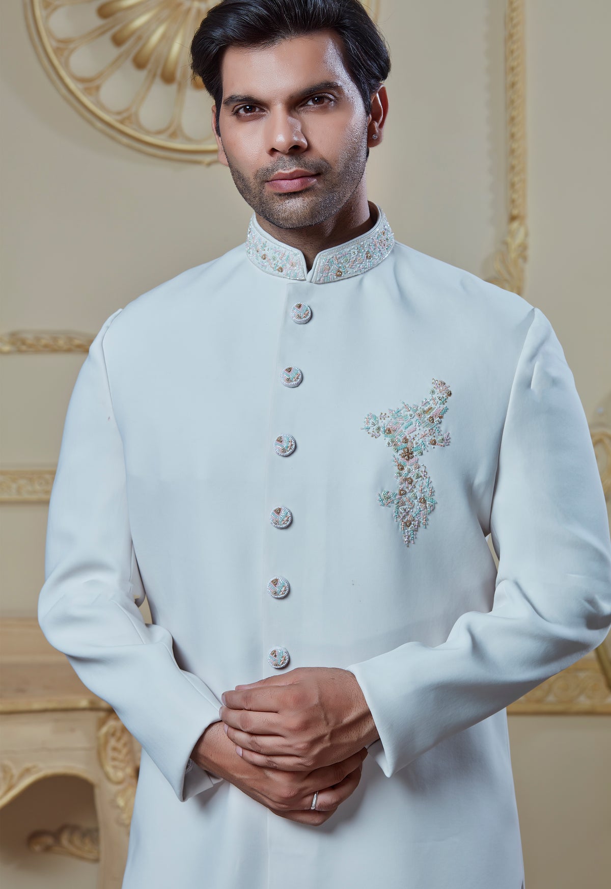 Off White Embroidered Brooch Sherwani Set