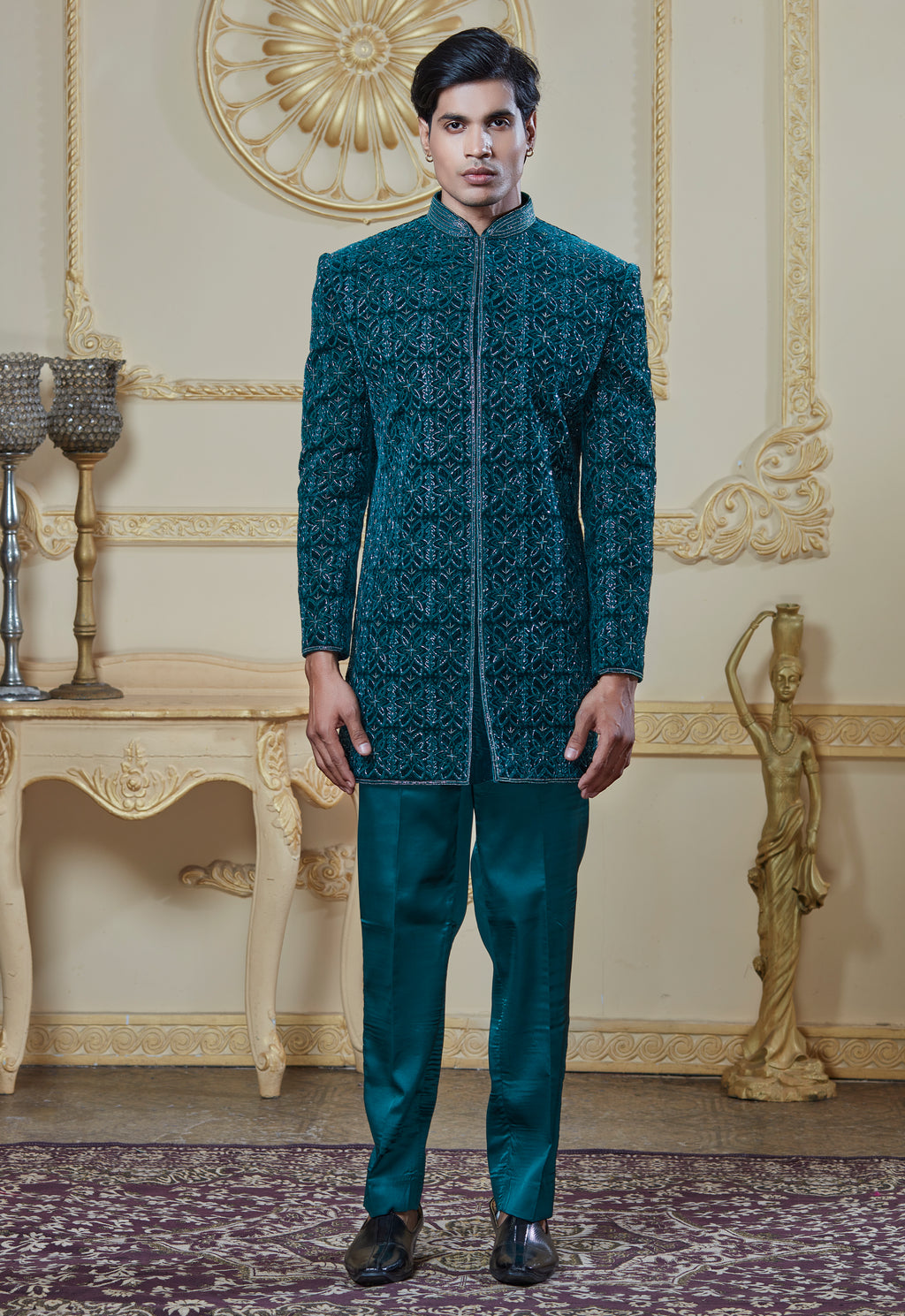 Green Embroided Velvet Indowestern Set