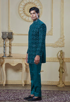 Green Embroided Velvet Indowestern Set