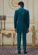 Green Embroided Velvet Indowestern Set
