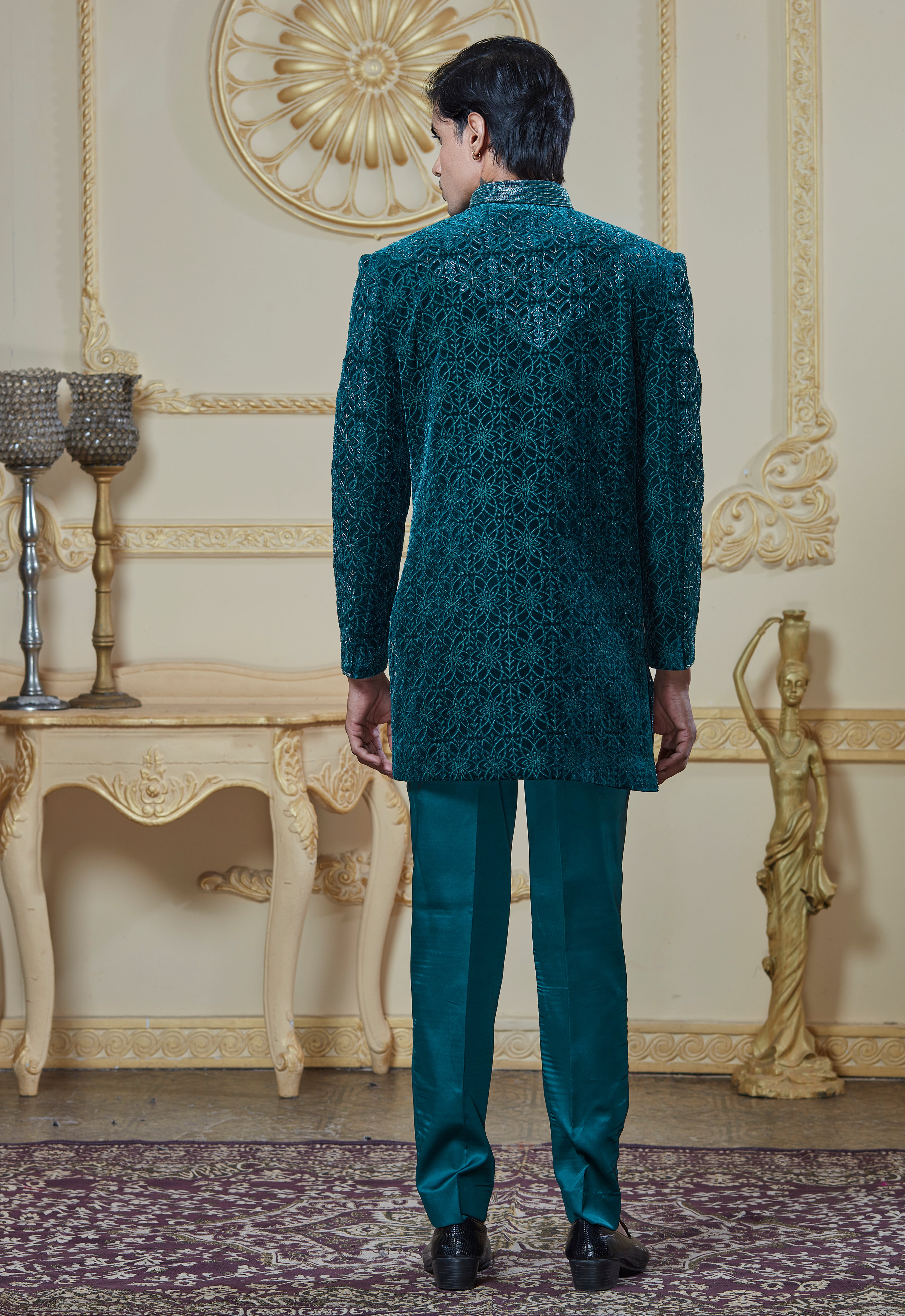 Green Embroided Velvet Indowestern Set