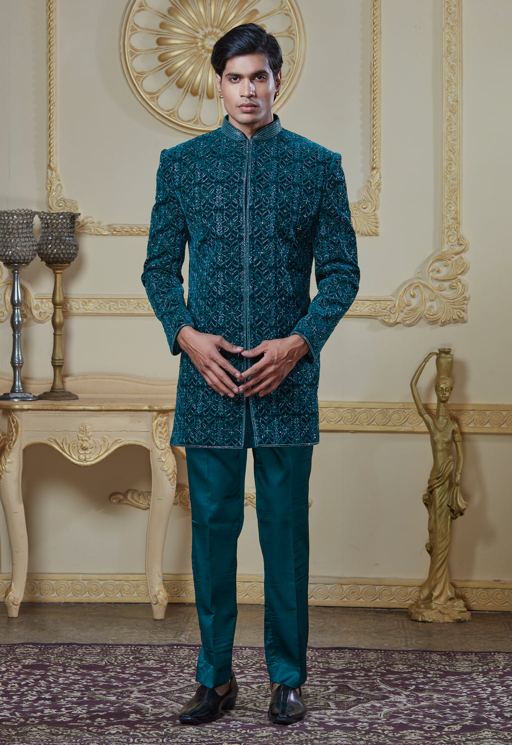 Green Embroided Velvet Indowestern Set
