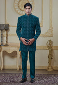 Green Embroided Velvet Indowestern Set