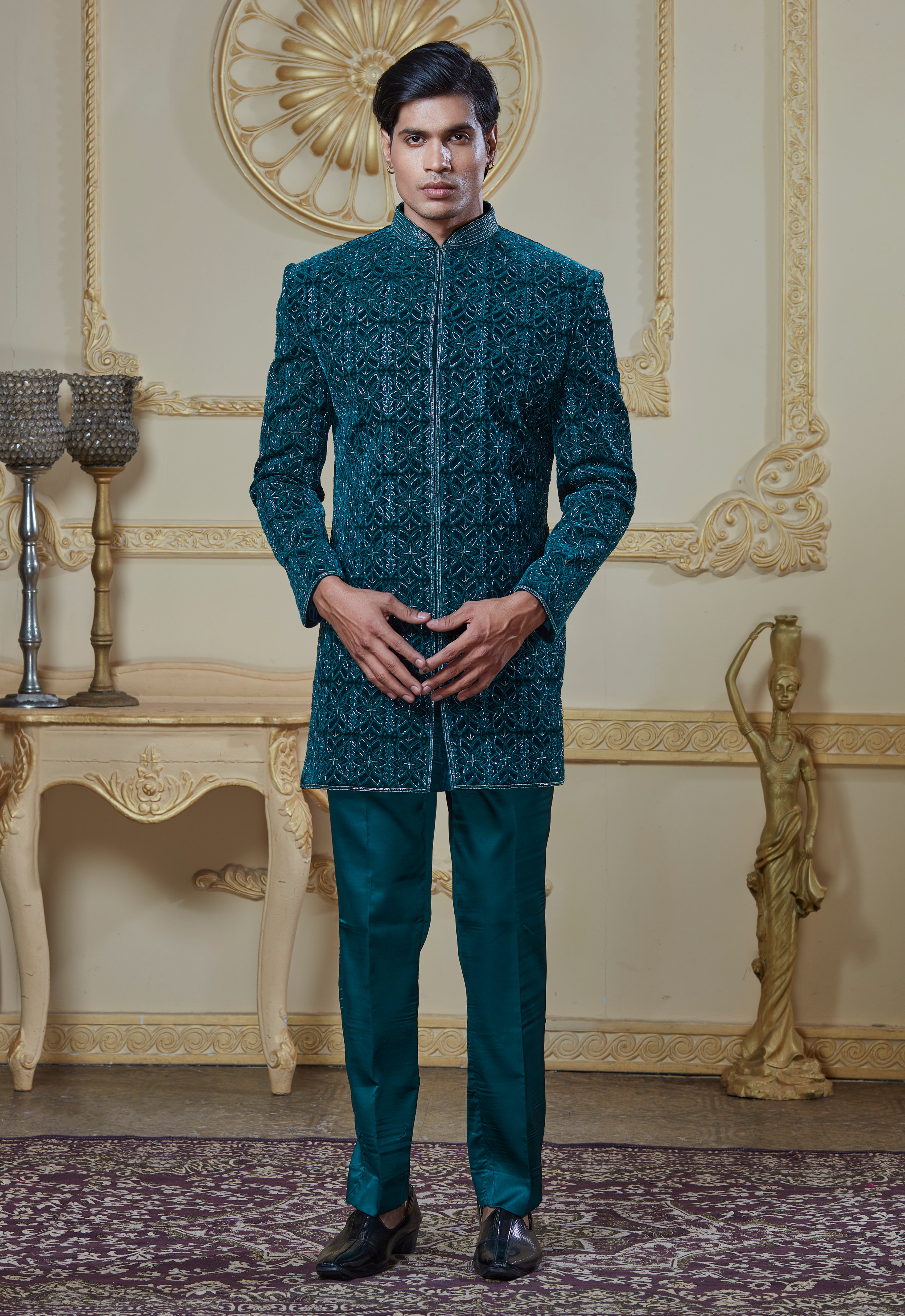 Green Embroided Velvet Indowestern Set