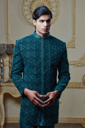 Green Embroided Velvet Indowestern Set