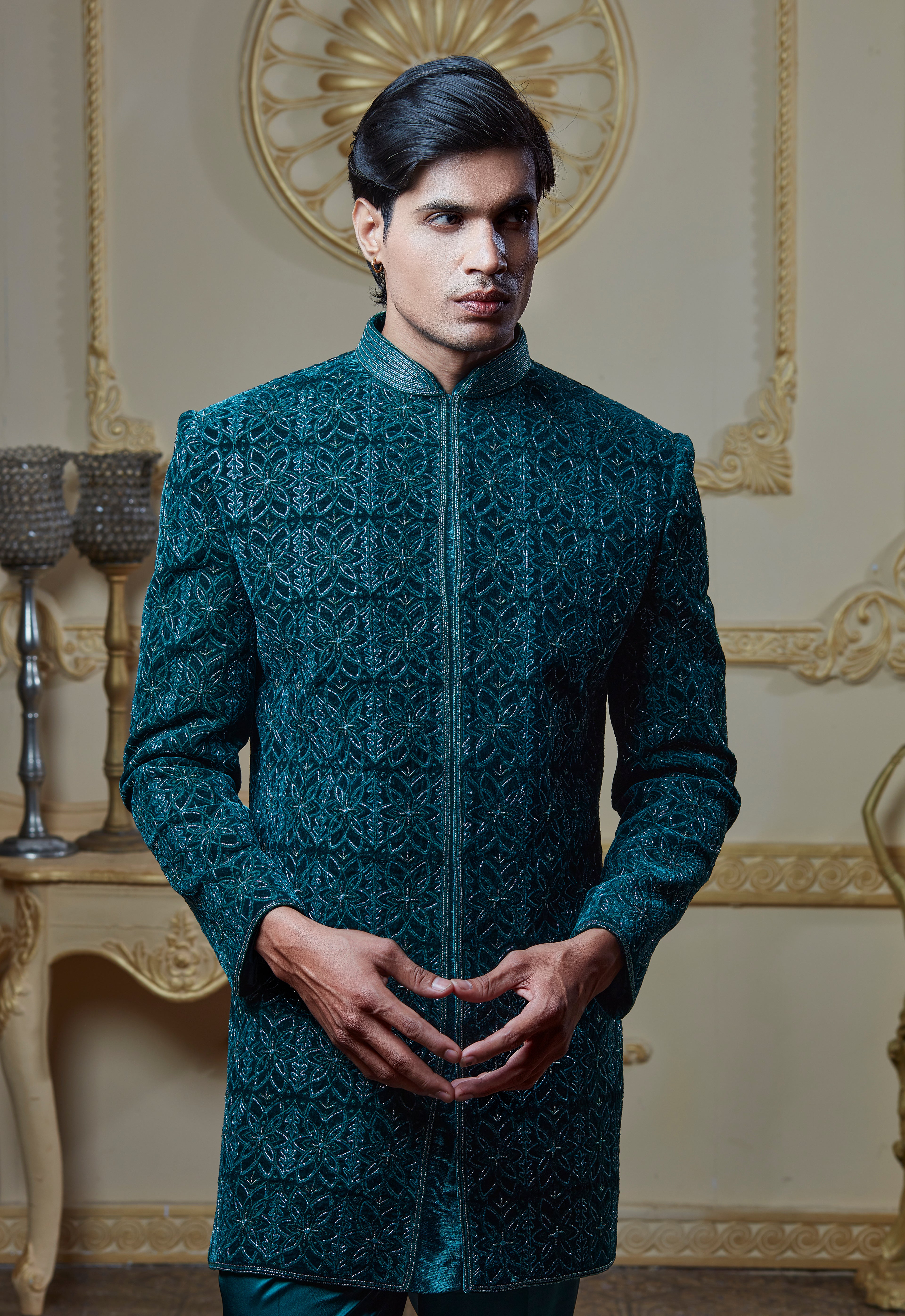 Green Embroided Velvet Indowestern Set