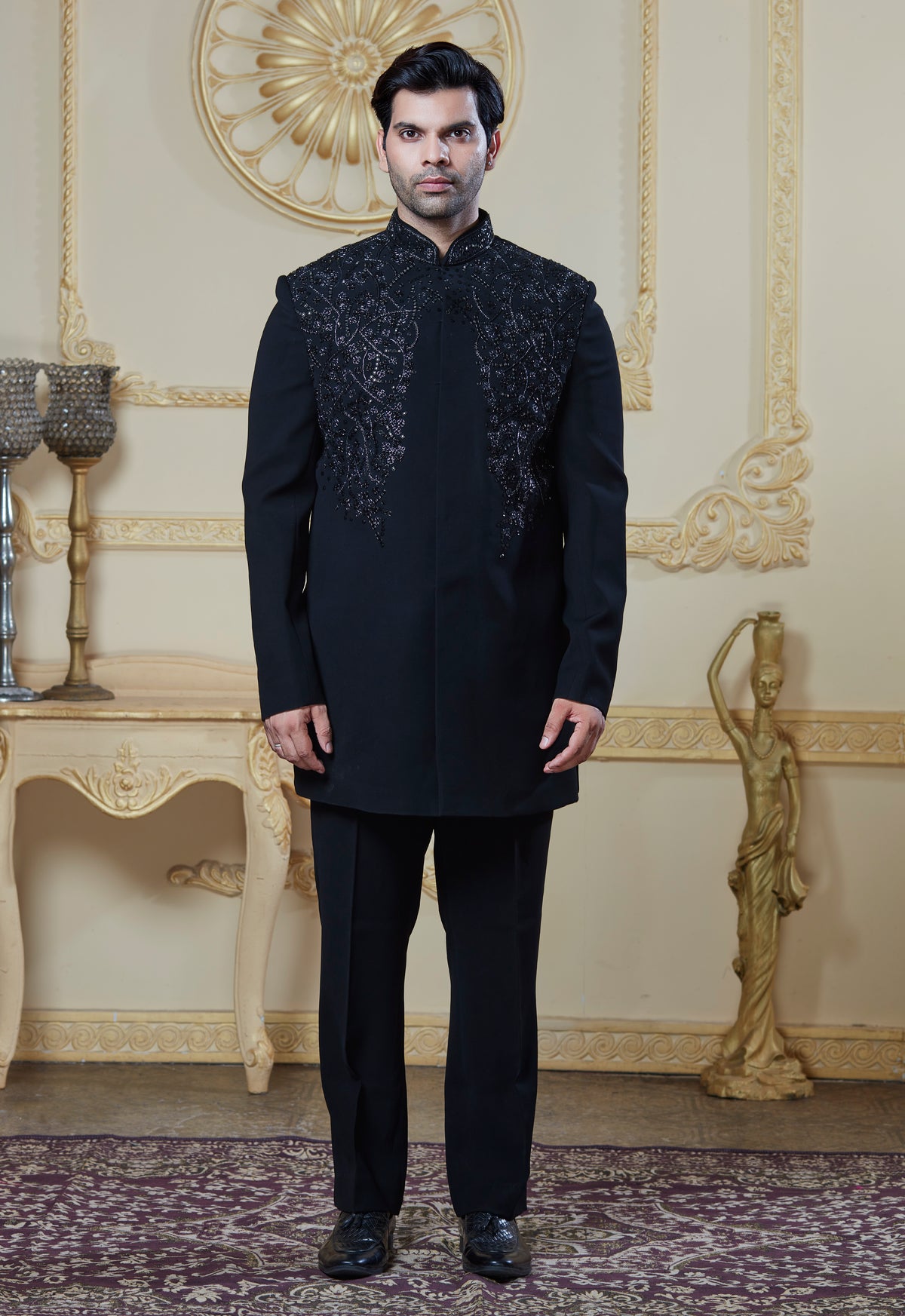 Black Embroidered Indowestern Set