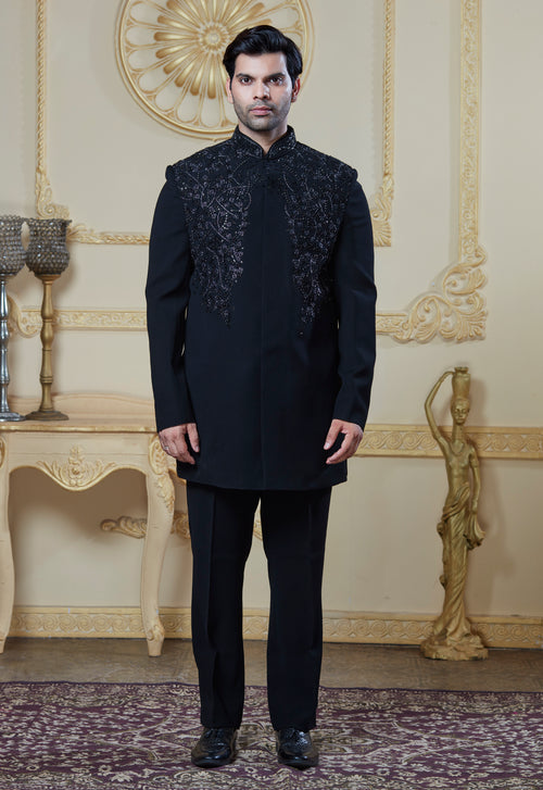 Black Embroidered Indowestern Set