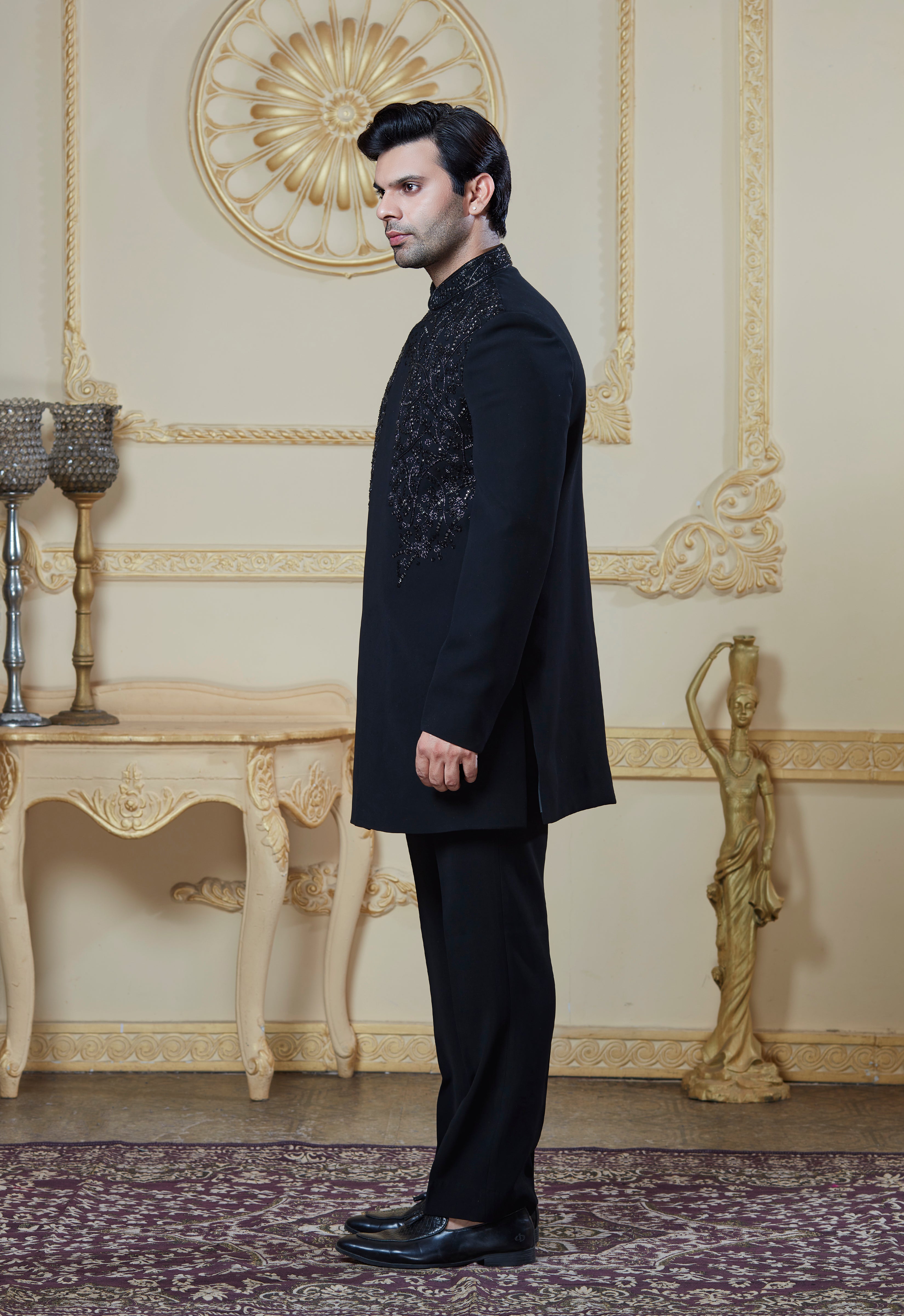 Black Embroidered Indowestern Set