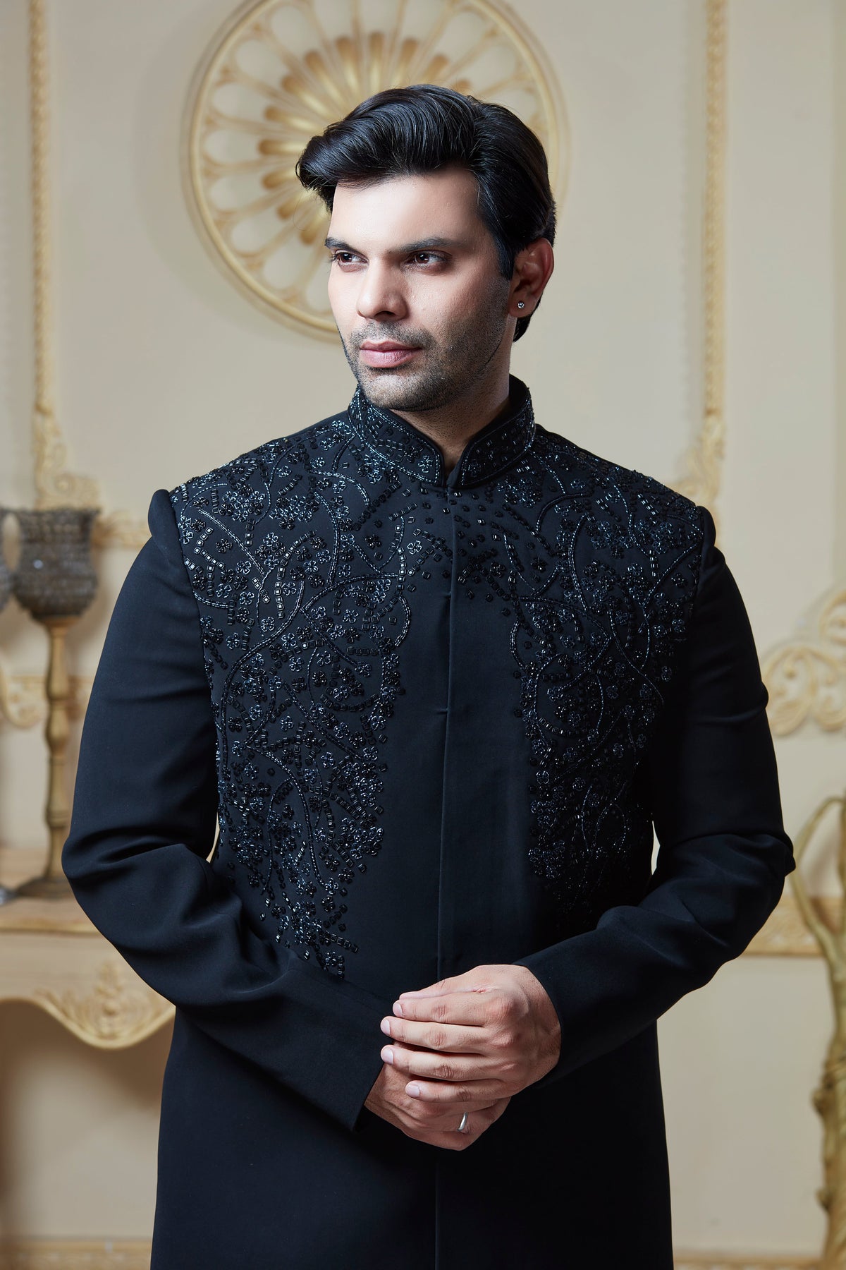 Black Embroidered Indowestern Set