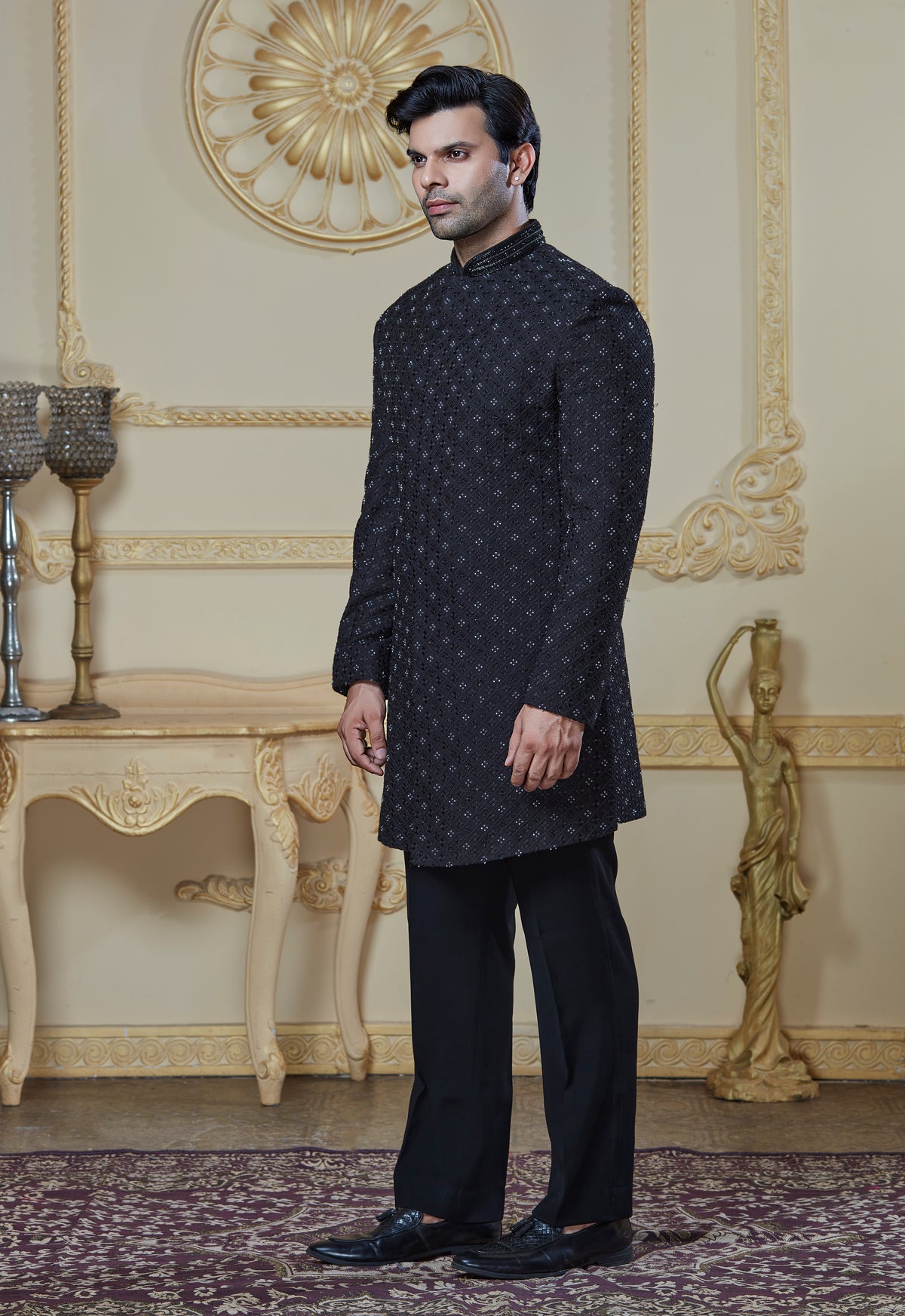 Black Silk Embroidered Indowestern Set