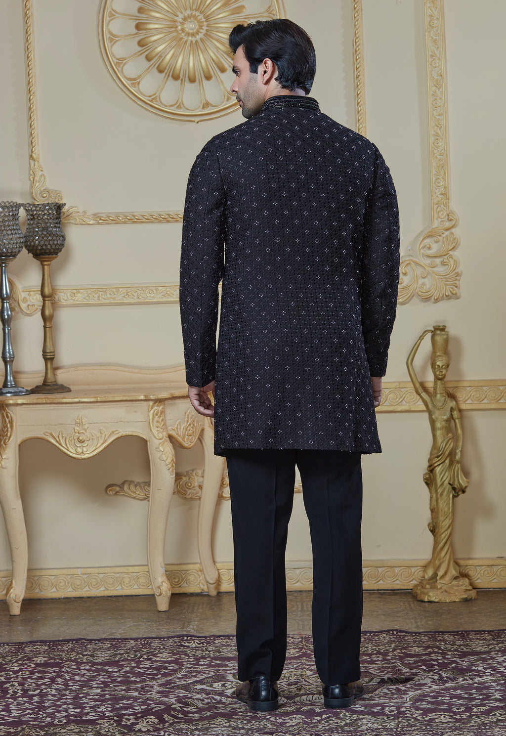 Black Silk Embroidered Indowestern Set