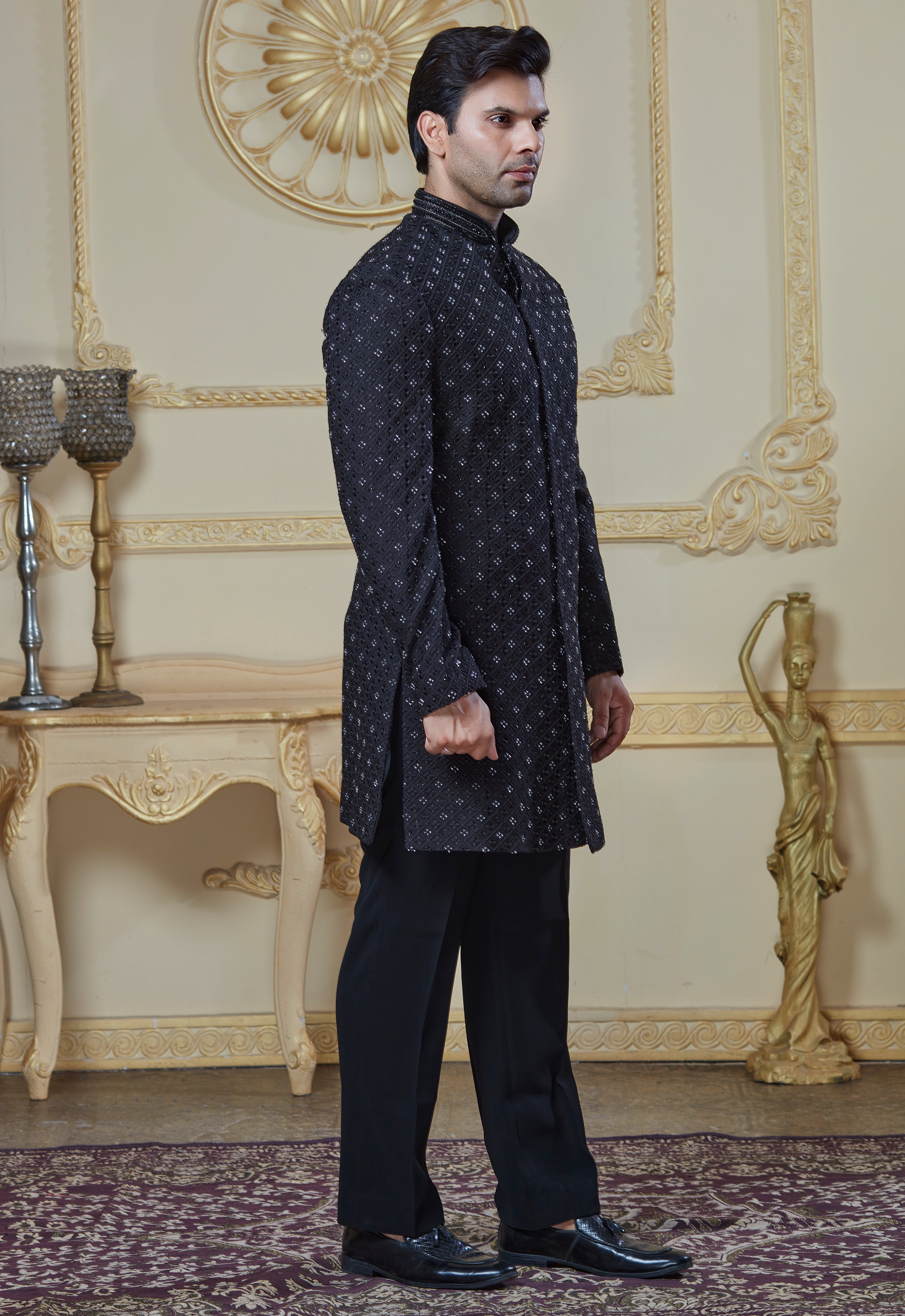 Black Silk Embroidered Indowestern Set
