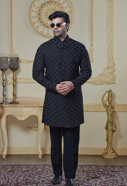 Black Silk Embroidered Indowestern Set