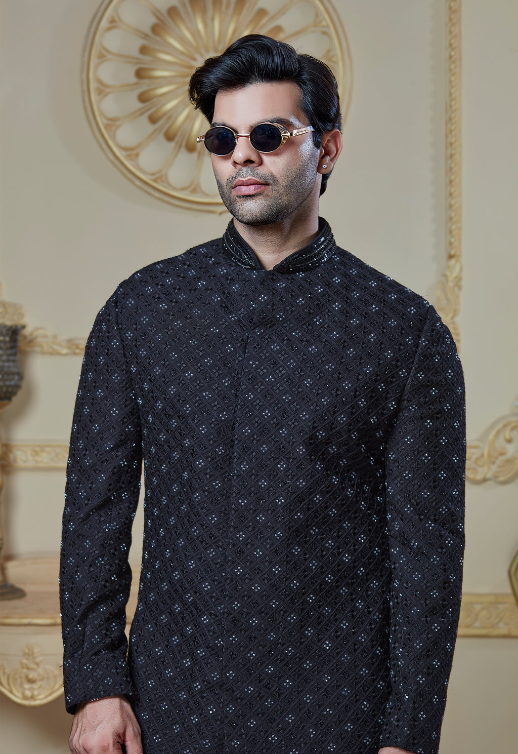 Black Silk Embroidered Indowestern Set