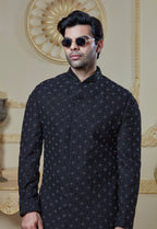 Black Silk Embroidered Indowestern Set